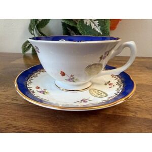Denby Rockingham Fine Bone China Cup Saucer Cobalt Blue Floral 22K‎ Gold Trim